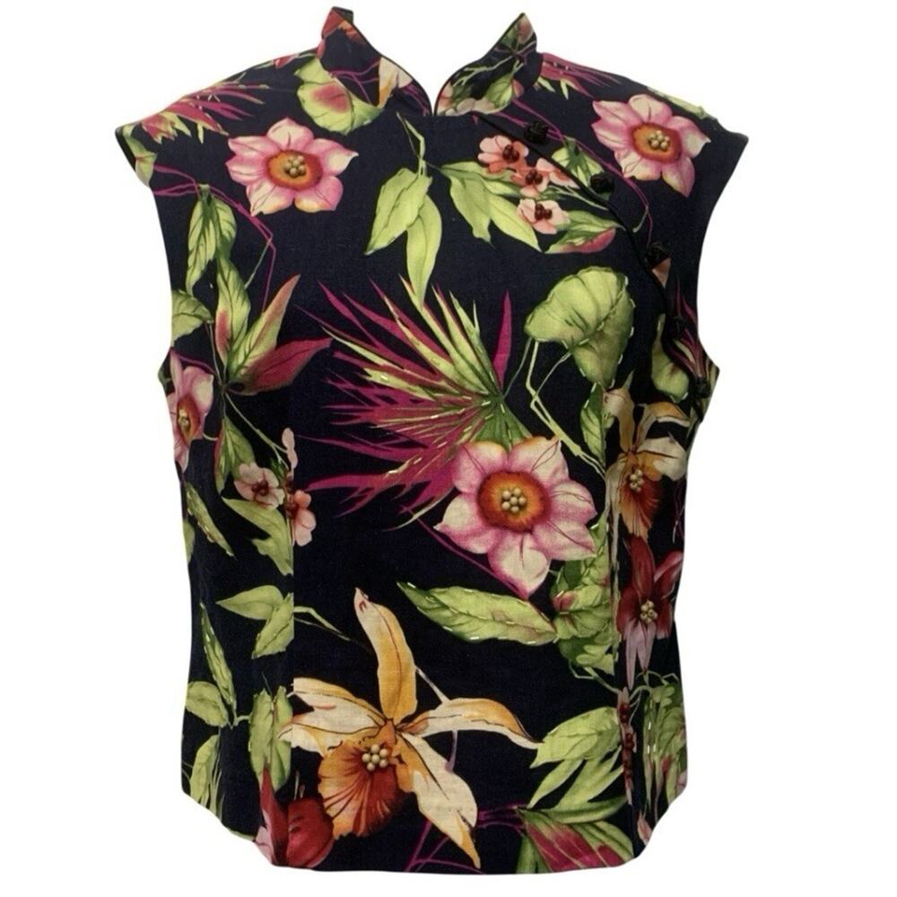 Mandarin Collar Linen Blend Tropical Beaded Floral Top Petite 6P Miss Dorby